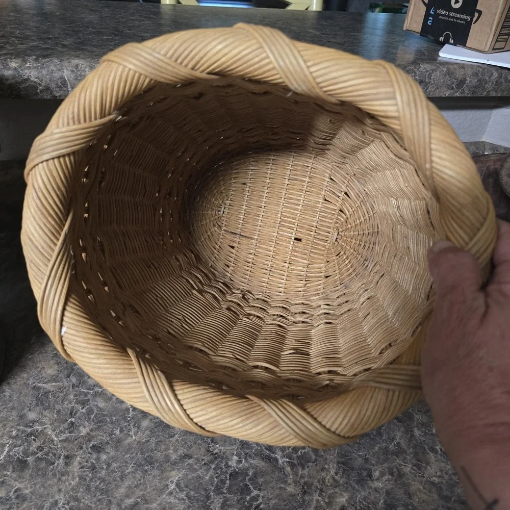 Rattan Wicker Wastebasket planter Metal Liner Braided Rim Boho Natural Brown